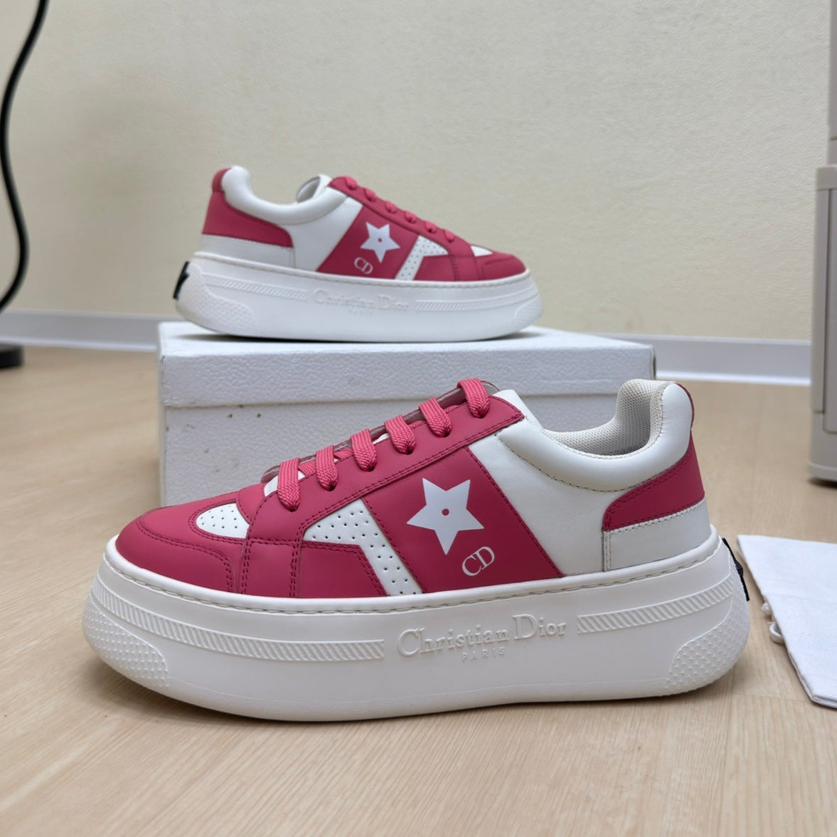 STAR PLATFORM SNEAKER IN WHITE MIX RED PINK CALFSKIN