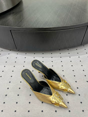 POINTED BB GOLD BUCKLE HEELED SLINGBACK IN GOLD METALLIC SHINY CALFSKIN