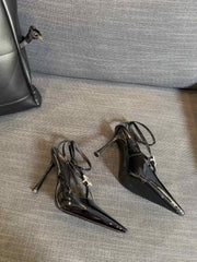 HIGH SANDAL ATTACHED GEM IN BLACK GLOSSY CALFSKIN