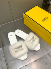 FENDI BAGUETTE MINK SLIDE SLIPPER IN WHITE FUR