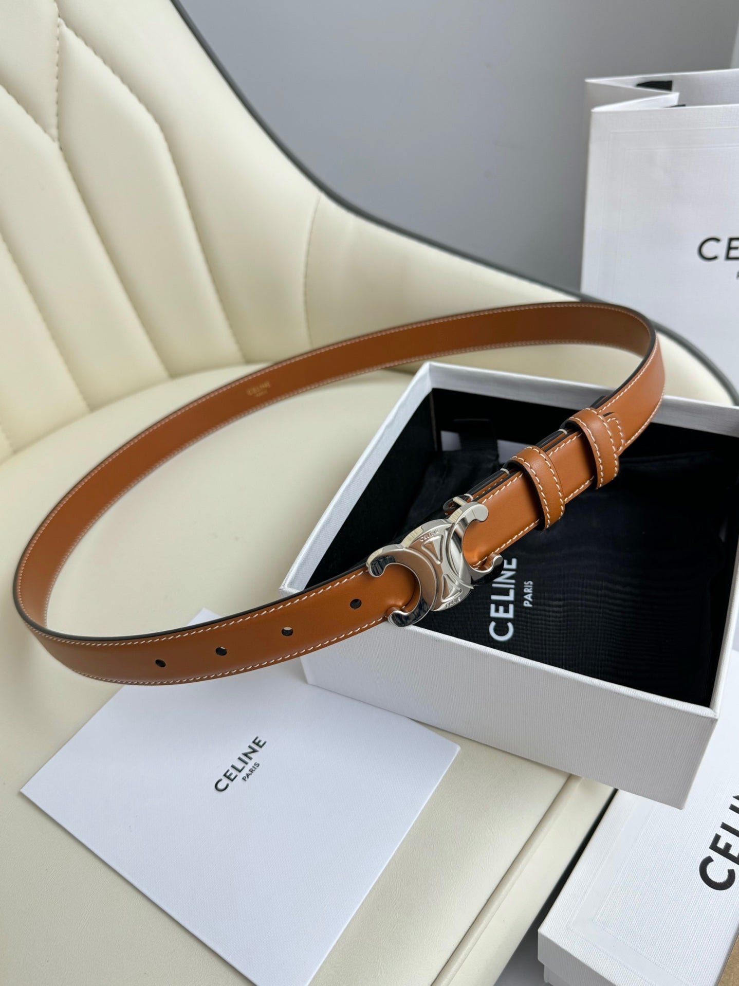 SMALL TRIOMPHE BELT 18 MM BRONZE BROWN LEATHER SILVER HARDWARE