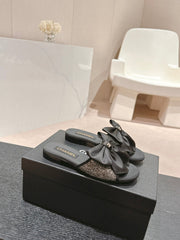 BOW LADY SLIPPERS BLACK LAMBSKIN WITH RHINESTONES