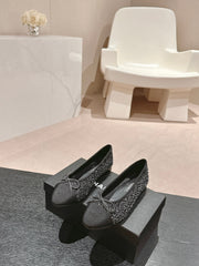 BALLET FLATS IN BLACK MIX WHITE TWEED AND SATIN