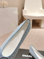 BALLET FLATS IN LIGHT BLUE DENIM AND BLACK SATIN