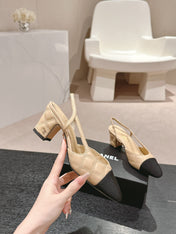 HIGH SLINGBACKS IN BEIGE CREAM LAMBSKIN AND BLACK SATIN
