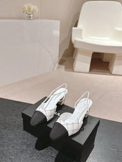 HIGH SLINGBACKS IN WHITE LAMBSKIN AND BLACK SATIN