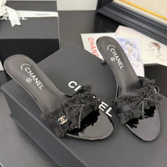BLACK GROSGRAIN CANVAS BOW MULE SANDALS 65 MM