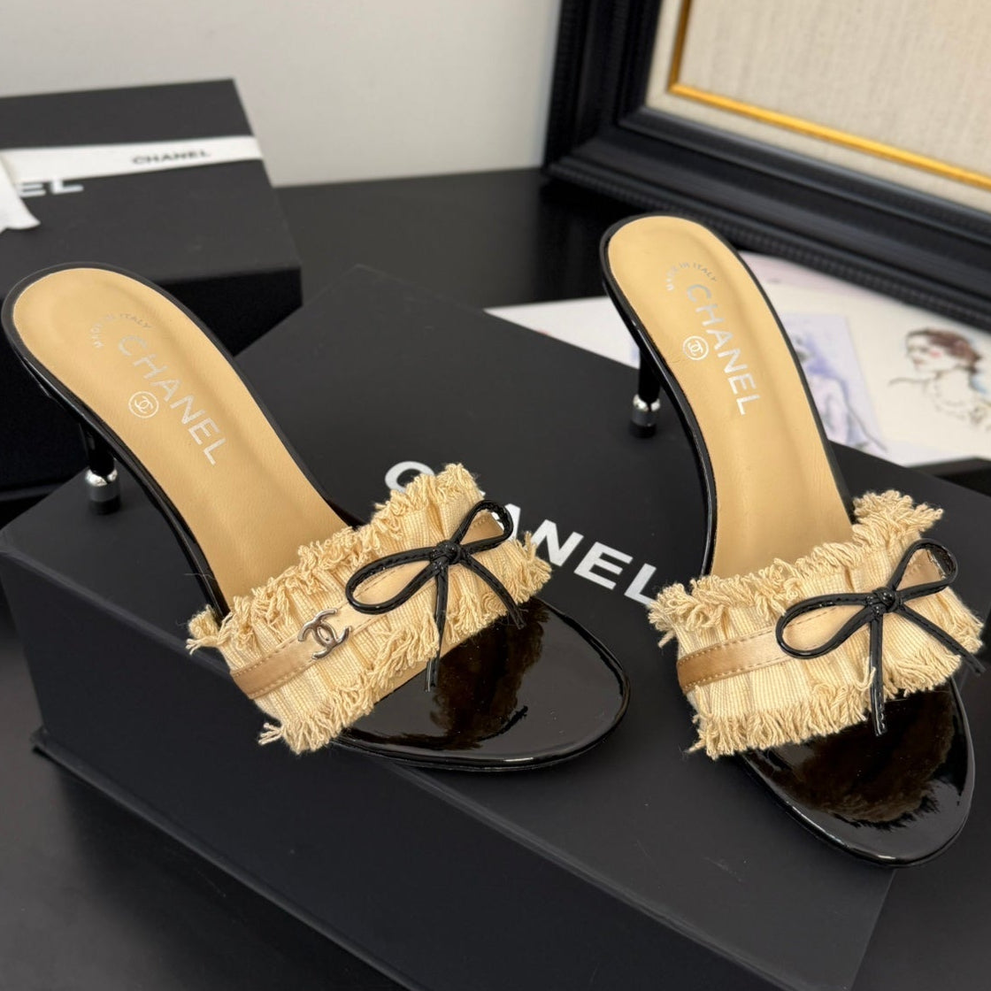 SAND YELLOW GROSGRAIN CANVAS BOW MULE SANDALS 90 MM