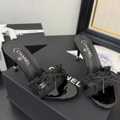 BLACK GROSGRAIN CANVAS BOW MULE SANDALS 90 MM