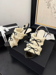 WHITE GROSGRAIN CANVAS BOW SLINGBACK SANDALS