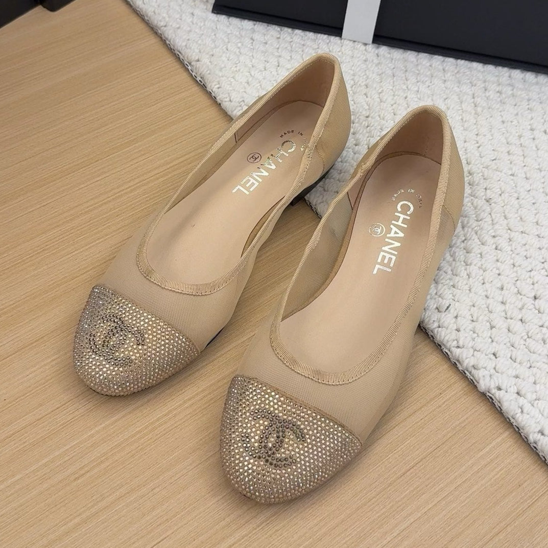 BALLET FLAT IN CAMEL BEIGE FABRIC AND MESH WITH CRYSTALS