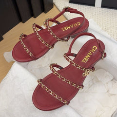 THREE-STRAPS SANDALS IN JAM RED CALFSKIN WITH GOLD HARDWARE