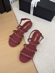 THREE-STRAPS SANDALS IN JAM RED CALFSKIN WITH GOLD HARDWARE