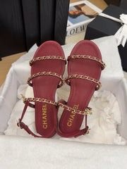 THREE-STRAPS SANDALS IN JAM RED CALFSKIN WITH GOLD HARDWARE