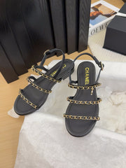 THREE-STRAPS SANDALS IN BLACK CALFSKIN WITH GOLD HARDWARE