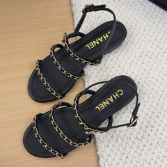 THREE-STRAPS SANDALS IN BLACK CALFSKIN WITH GOLD HARDWARE