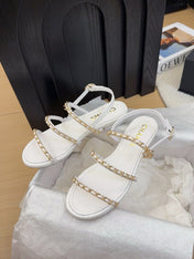 THREE-STRAPS SANDALS IN WHITE CALFSKIN WITH GOLD HARDWARE