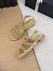 THREE-STRAPS SANDALS IN SAND YELLOW CALFSKIN WITH GOLD HARDWARE