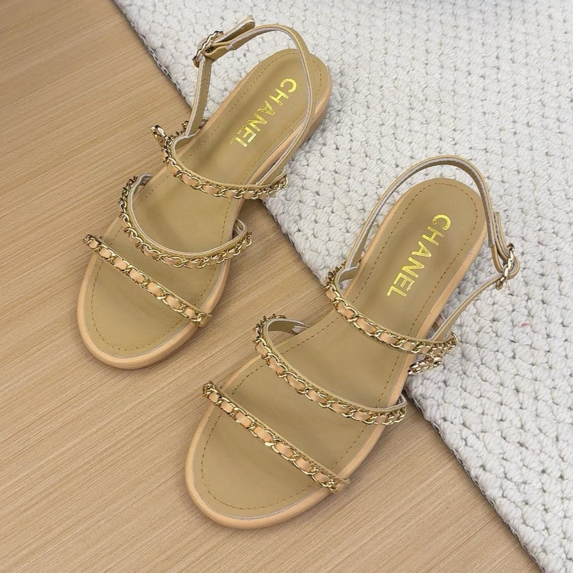 THREE-STRAPS SANDALS IN SAND YELLOW CALFSKIN WITH GOLD HARDWARE