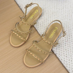 THREE-STRAPS SANDALS IN SAND YELLOW CALFSKIN WITH GOLD HARDWARE