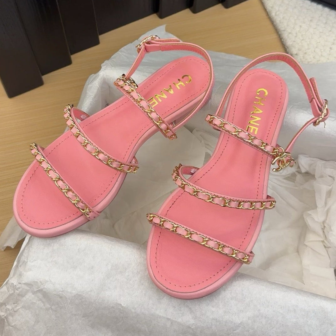 THREE-STRAPS SANDALS IN FLAMINGO PINK CALFSKIN WITH GOLD HARDWARE