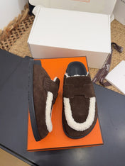 HM 25S MULE IN DARK CHOCOLATE BROWN SUEDE MIX WHITE SHEARLING