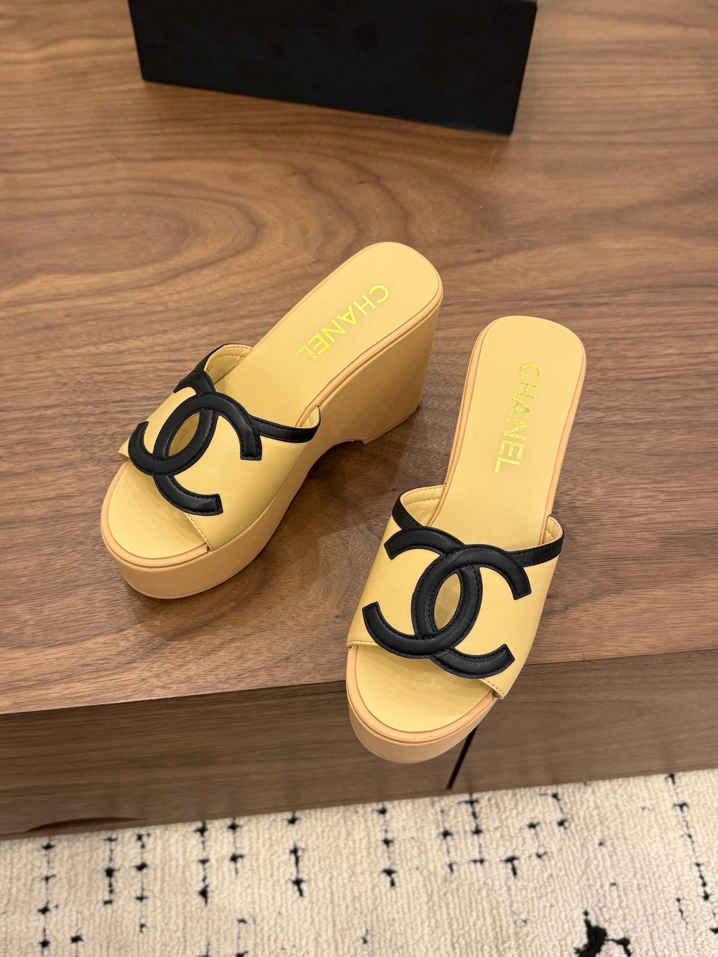 CHANEL 26S WEDGE SANDALS 95 MM IN PASTEL YELLOW CALFSKIN