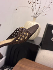 CHANEL 26S HIGH-HEELED BACK-STRAP SANDALS 60 MM IN DARK BROWN WOVEN LAMBSKIN