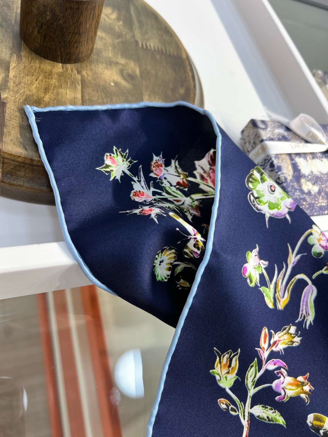 DIOR REVERSIBLE PRINTED SQUARE SCARF 90 CM IN NAVY BLUE SILK 735869