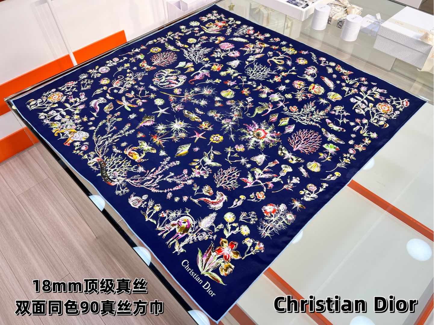 DIOR REVERSIBLE PRINTED SQUARE SCARF 90 CM IN NAVY BLUE SILK 735869