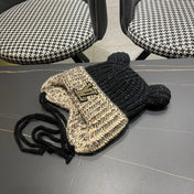 KNITTED BEANIE HAT WITH CUTE EARS IN BLACK MIX BEIGE WOOL 403483