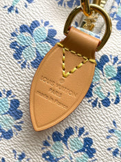 SPEEDY BANDOULIÈRE 20 IN LAGOON BLUE MONOGRAM TILES CANVAS GOLD BUCKLE