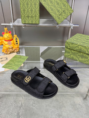 GG SANDALS IN BLACK FABRIC AND CALFSKIN WITH GOLD HARDWARE