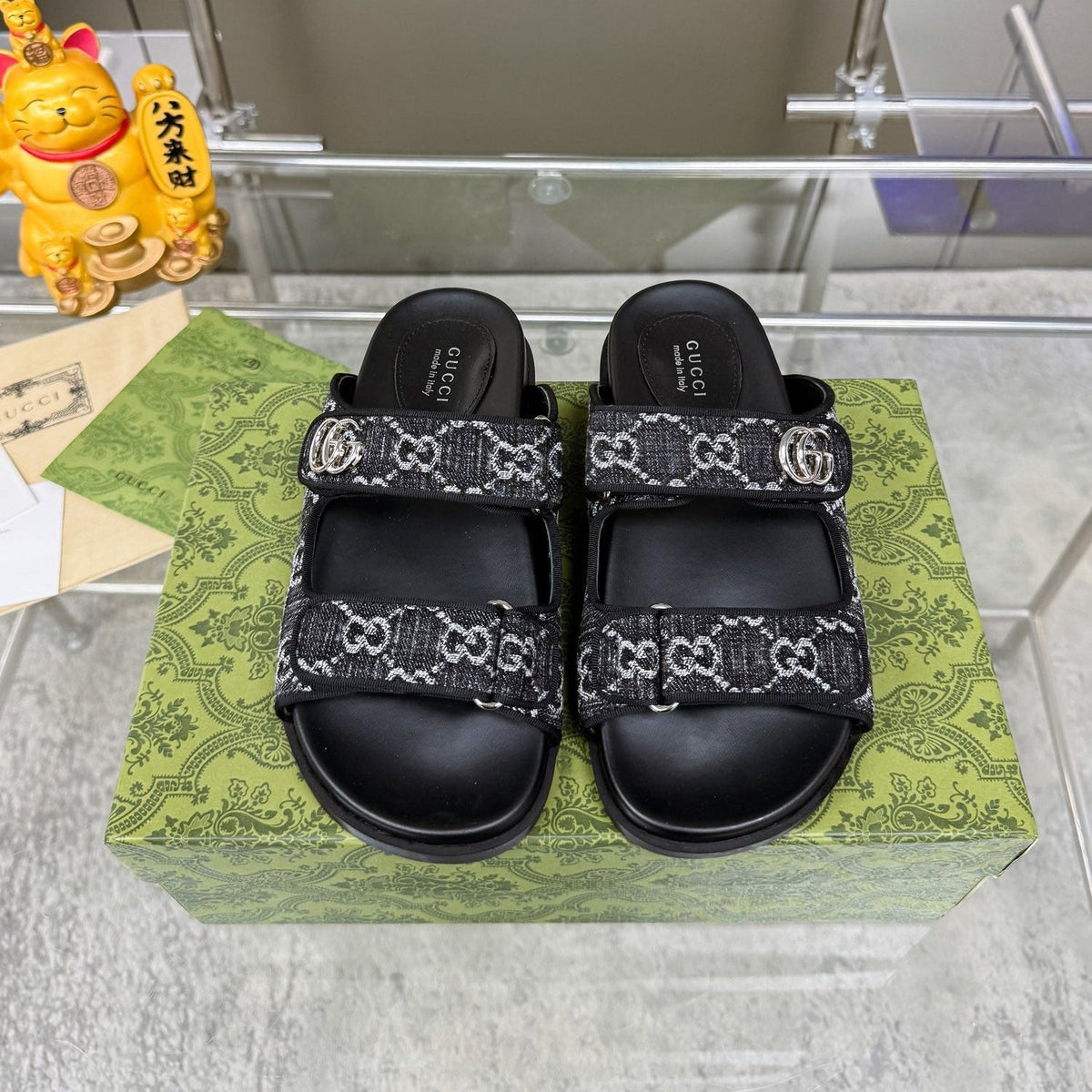 GG SANDALS IN BLACK FABRIC AND CALFSKIN WITH SILVER HARDWARE