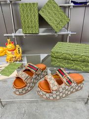 GG SANDALS 22 IN ORANGE CALFSKIN AND BEIGE FABRIC WITH GOLD HARDWARE