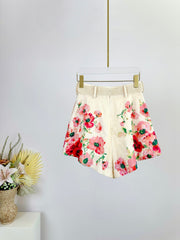 FLORAL PRINTED PLEATED BELTED SHORTS
