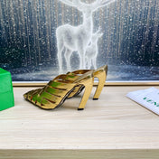 ALFIE LEATHER HIGH MULES IN GOLD PATENT CALFSKIN WITH WOVEN DESIGN