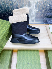 HORSEBIT ANKLE BOOTS WITH MERINO TRIM IN BLACK NYLON MIX CALFSKIN