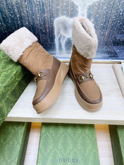 HORSEBIT ANKLE BOOTS WITH MERINO TRIM IN BROWN NYLON MIX CALFSKIN