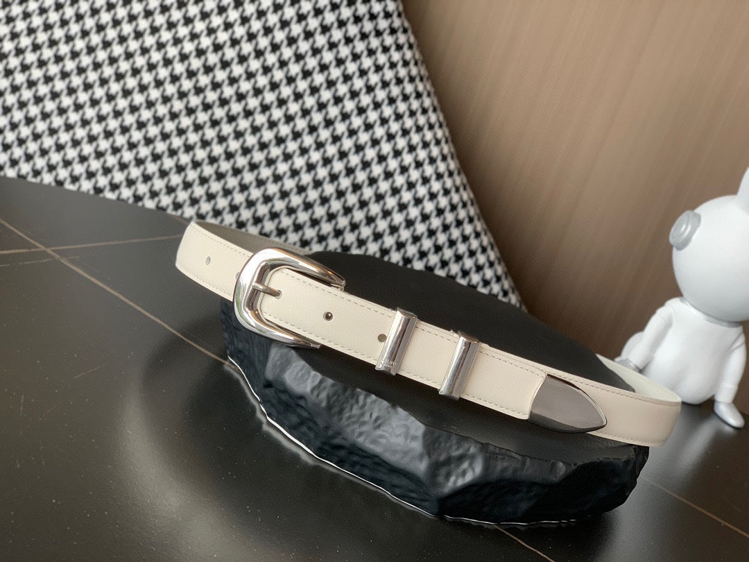 BELT 25MM MEDIUM WESTERN IN IVORY CALFSKIN SILVER GREY BUCKLE