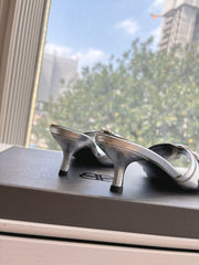 CAGOLE MID-HEEL MULES IN SILVER METALLIC CALFSKIN