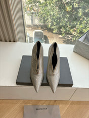 ZIPPER POINTED-TOE HIGH PUMPS IN BEIGE SUEDE ATTACHED SILVER CRYSTAL