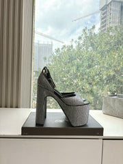 PLATFORM ANKLE STRAP HEELS IN BLACK ATTACHED RHINESTONES CALFSKIN