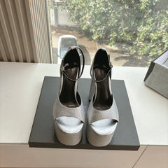 PLATFORM ANKLE STRAP HEELS IN SILVER METALLIC ATTACHED RHINESTONES CALFSKIN