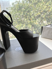 PLATFORM ANKLE STRAP HEELS IN BLACK SMOOTH CALFSKIN