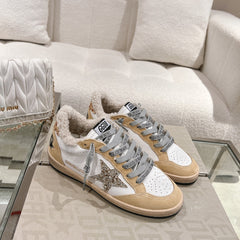 BALL STAR SNEAKERS WITH GLITTER STAR IN WHITE CALFSKIN AND BROWN SUEDE