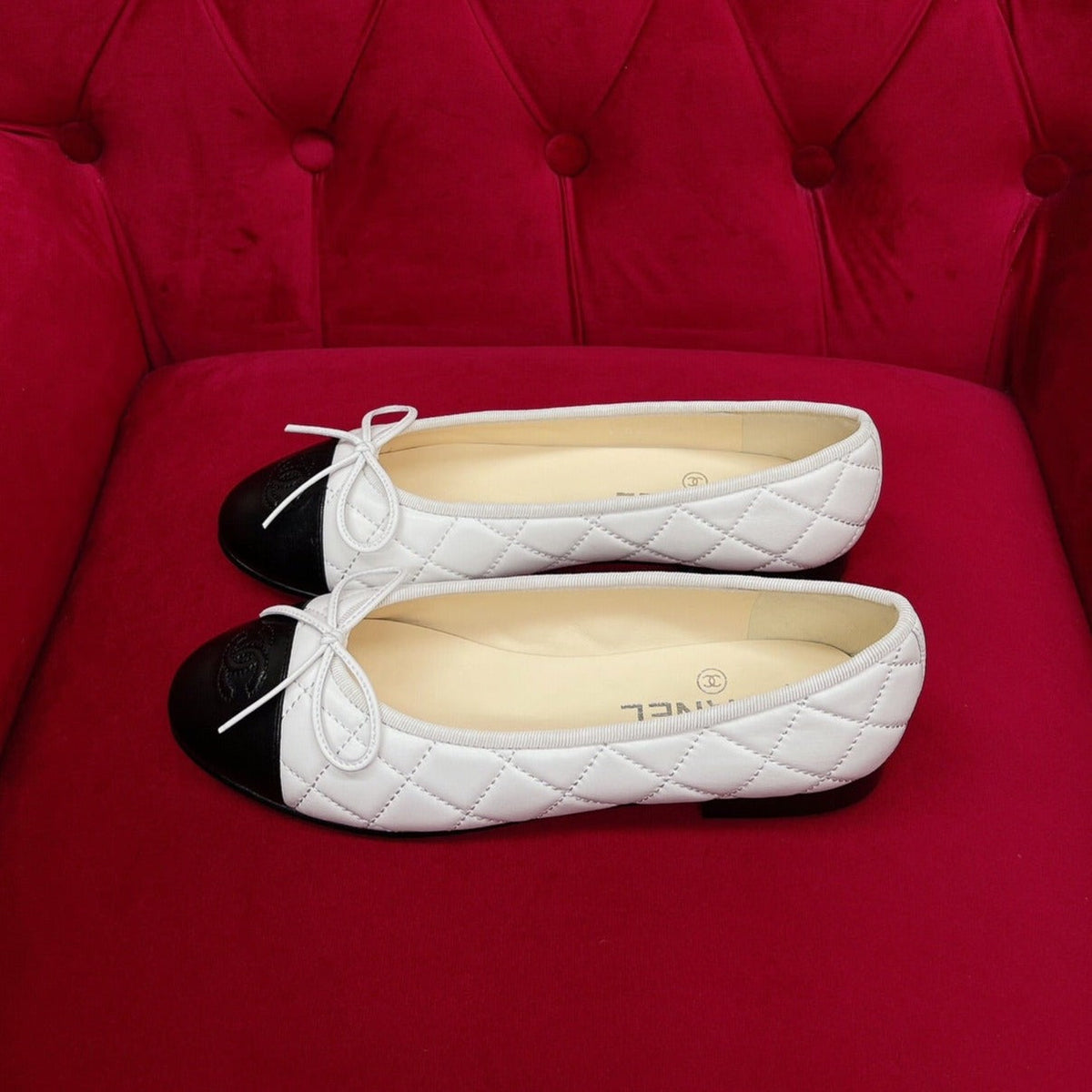 ballet flat black white quilted lambskin