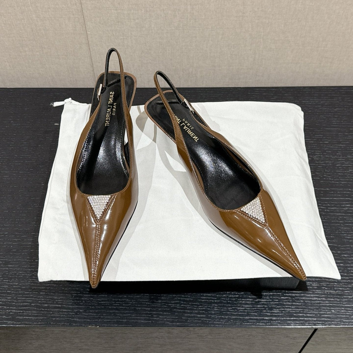 SL CHERISH CRYSTAL SLINGBACK ASH BROWN CALFSKIN