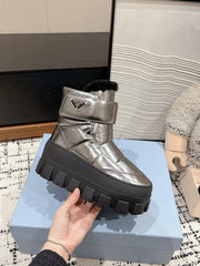 MONOLITH ANKLE BOOTS WITH STRAP IN METALLIC GRAY CALFSKIN AND FLEECE LINING