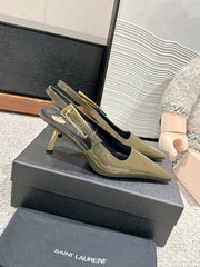 LEE SLINGBACK MID PUMPS IN ARMY GREEN SHINY CALFSKIN